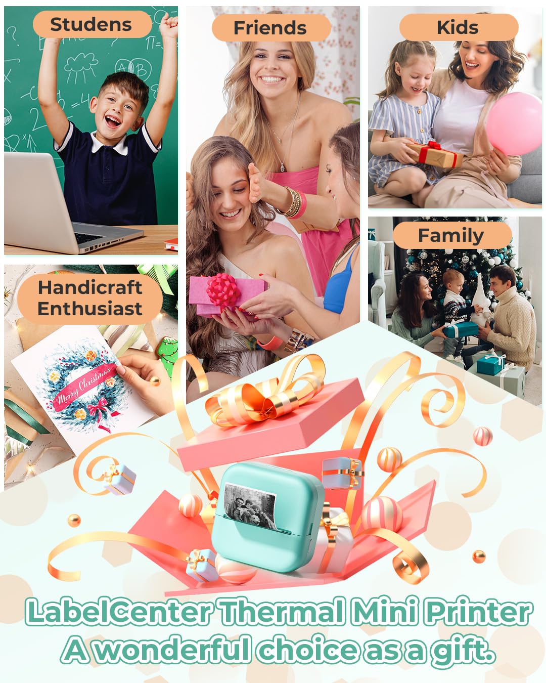 LabelCenter Mini Drucker, Sticker Drucker M02L,Mini Drucker für Smartphone Mini Sticker Drucker,Mini Drucker für Phone,Mini Fotodrucker für Notizen, Journal, Fotos, Grün,mit 1 Rollen Papier