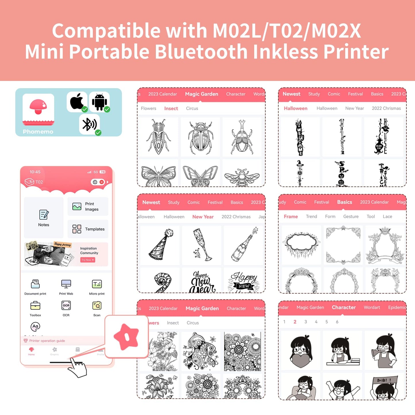 T02 Papier Thermique Compatible avec Phomemo Memoking T02 M02L M02X Mini Imprimantes, Conservation de 20 ans, Auto-Adhésif, 50 mm x 3,5 m, Contexte de La Fraise de Lait, 3 Rouleaux de Papier