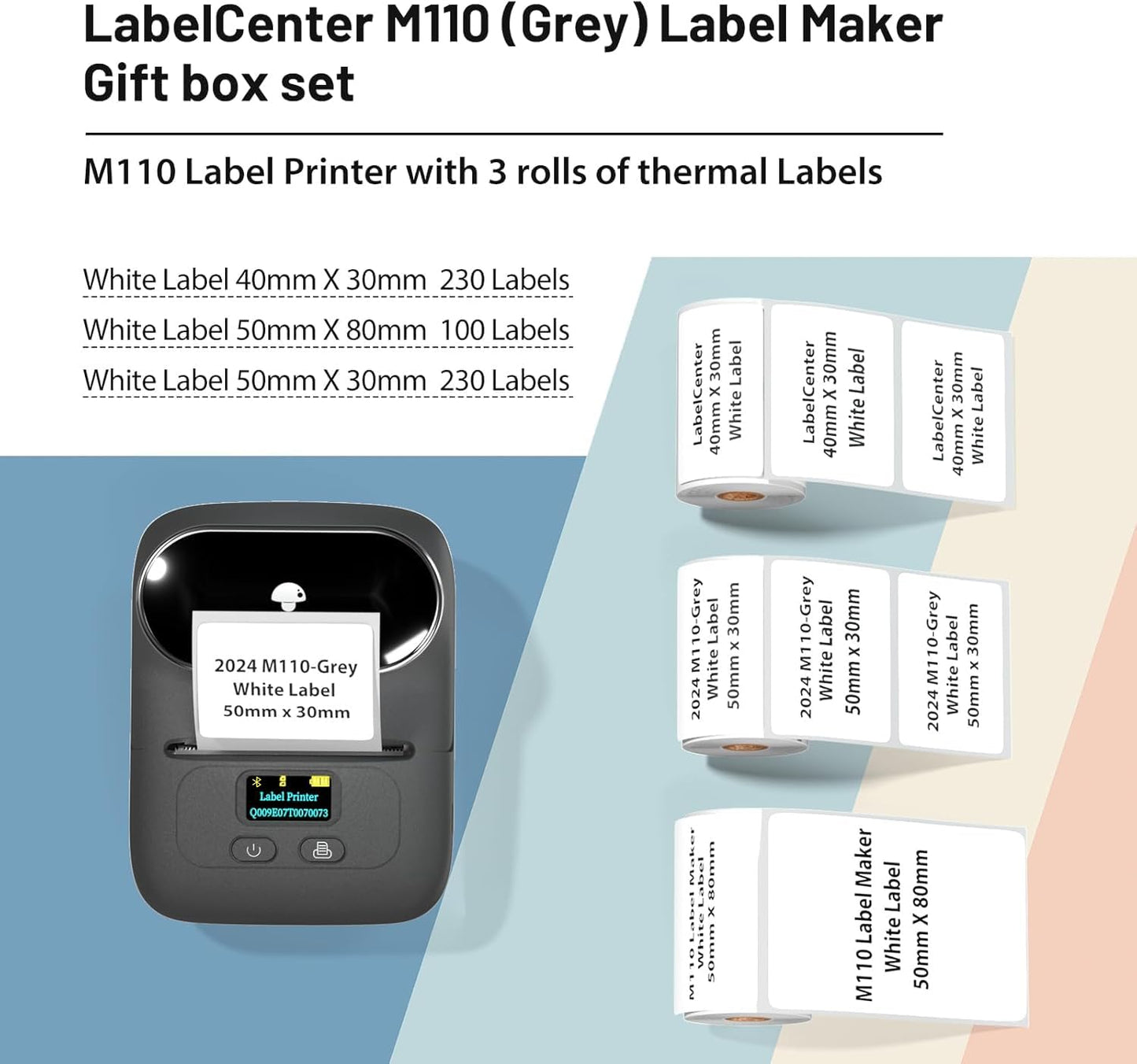 M110 Label Maker, Bluetooth Label Printer, Label Maker Machine, Thermal Label Printer for Small Business, Barcode, Logo, Clothing Jewellery Tag, Retail, Home, With 3 Roll of Labels