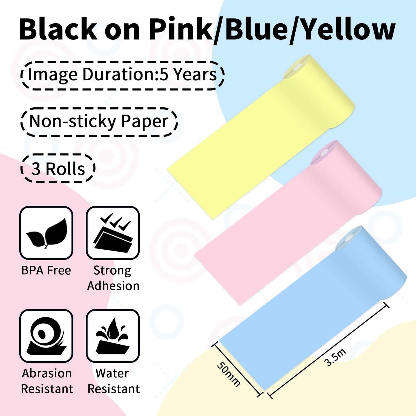 T02 Thermal Paper,T02/M02X/M02L Sticker Paper,Adhesive Thermal Printer Paper,for Phomemo T02 Mini Printer,Memoking T02 Mini Printer,Black on Yellow/Blue/Pink,Adhesive,53mm x 6.5m,3 Rolls