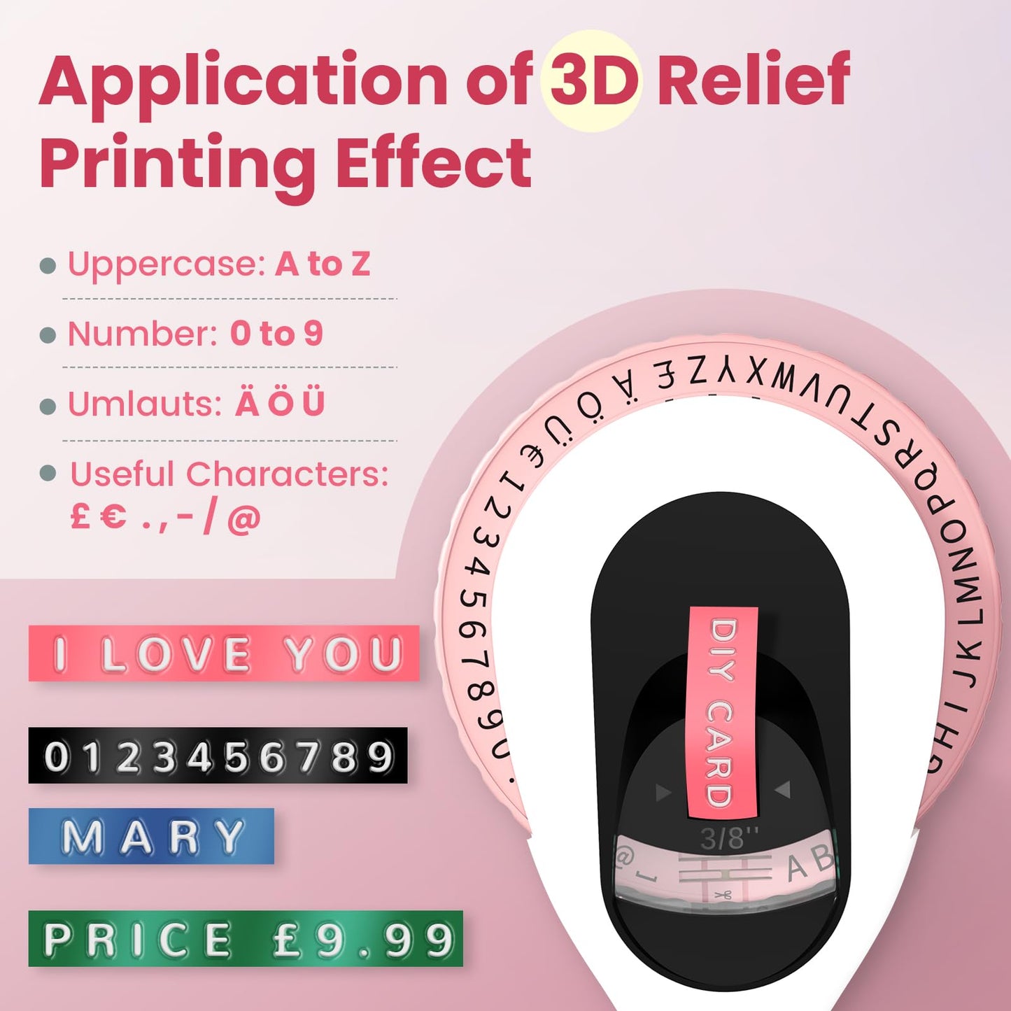 LabelCenter Etikettiergerät, 3D Prägegerät E975, Tragbarer Beschriftungsgerät, Etikettenprägegerät mit 6 Etikettenband,Etikettendrucker mit (£ € Ä Ö Ü), Einfach zu verwenden-für Haus, Büro (Pink)