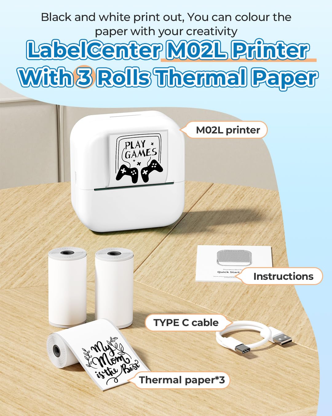 LabelCenter Mini Printer,Mini Thermal Printer M02L Portable Mini Printer, Portable Photo Printer Sticker Printer Portable Printer for Study,Photo,Notes,Compatible with Phone Tablet,White