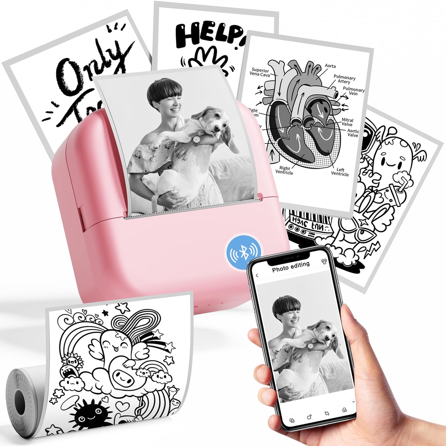 Mini Sticker Printer, Mini Printer, Mini Photo Printer, M02L Photo Printer Bluetooth, Portable Pocket Printer 203DPI for Phone & Tablet, Photos, Lists, Memo, QR Codes, Notes,Pink