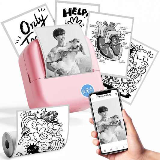 Mini Sticker Printer, Mini Printer, Mini Photo Printer, M02L Photo Printer Bluetooth, Portable Pocket Printer 203DPI for Phone & Tablet, Photos, Lists, Memo, QR Codes, Notes,Pink