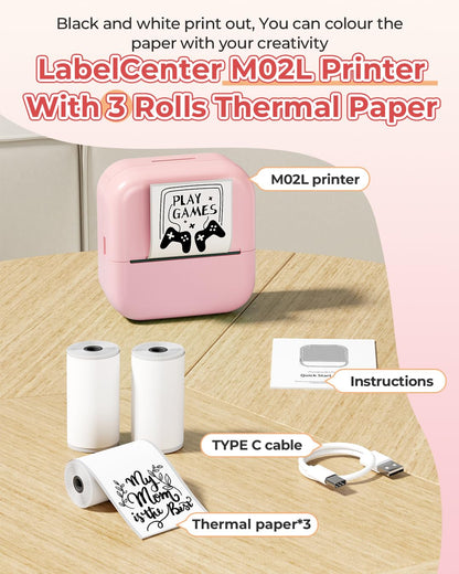 Mini Drucker M02L, Mini Drucker für Smartphone Fotodrucker Etikettendrucker Label drucker Sticker Drucker Mini Printer Bluetooth Sticker Drucker Klein für Studium, Notizen, Journal, Fotos, Rosa