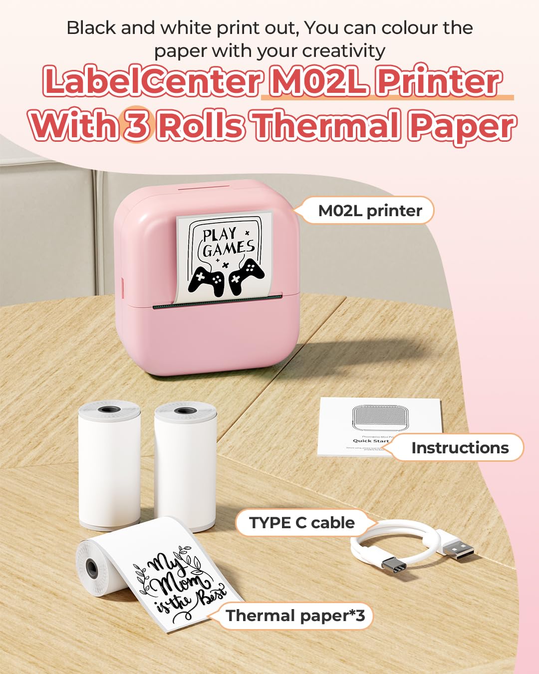 Mini Printer,Mini Thermal Printer M02L Portable Mini Printer, Portable Photo Printer Sticker Printer Portable Printer for Study,Photo,Notes,Compatible with Phone Tablet,Pink