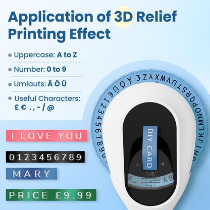 LabelCenter E975 Beschriftungsgerät, 3D Prägegerät, Tragbarer Etikettiergerät, Etikettenprägegerät mit 6 Etikettenband,Etikettendrucker mit (£ € Ä Ö Ü), Einfach zu verwenden-für Haus, Büro (Blue)