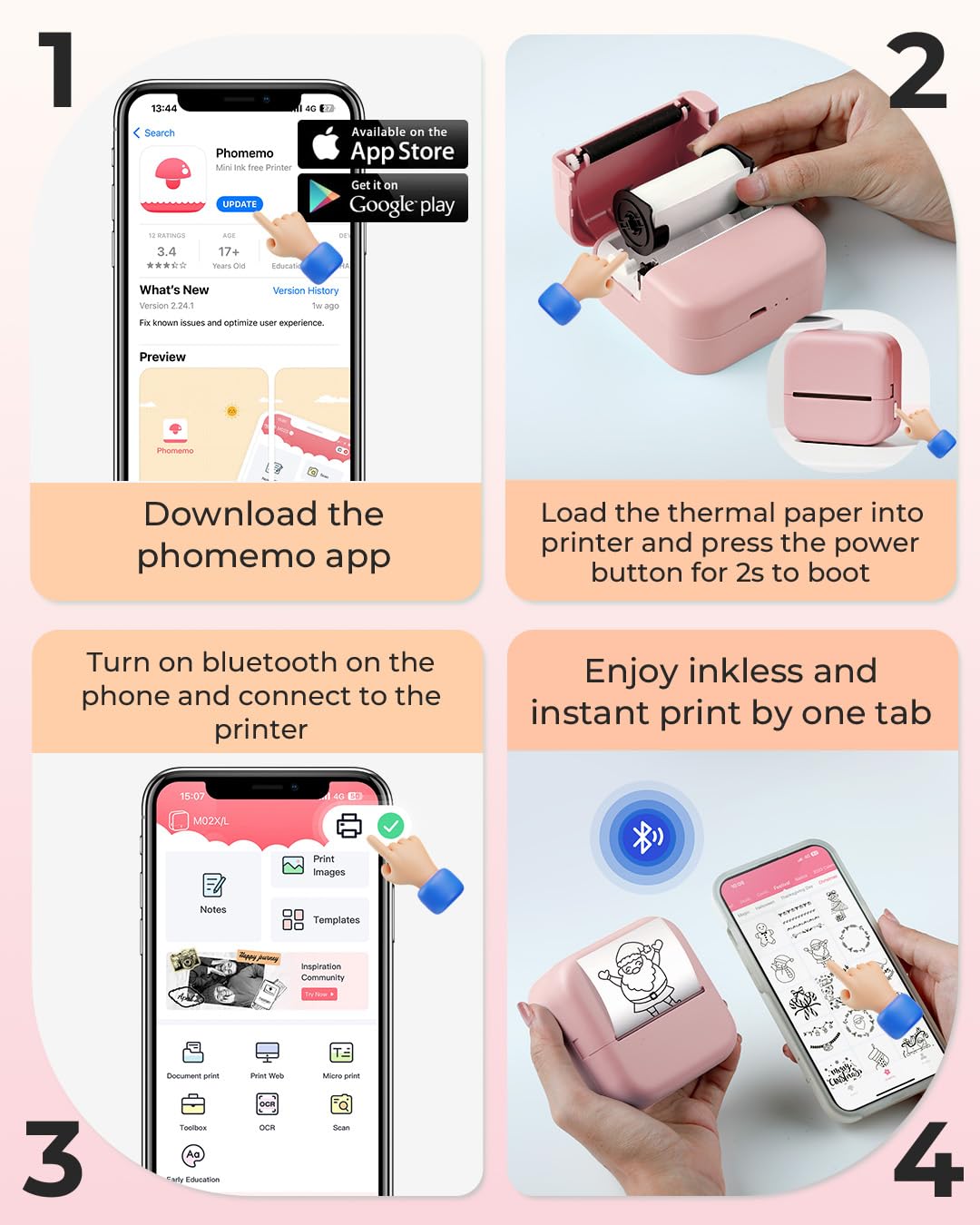 Mini Sticker Printer, Mini Printer, Mini Photo Printer, M02L Photo Printer Bluetooth, Portable Pocket Printer 203DPI for Phone & Tablet, Photos, Lists, Memo, QR Codes, Notes,Pink