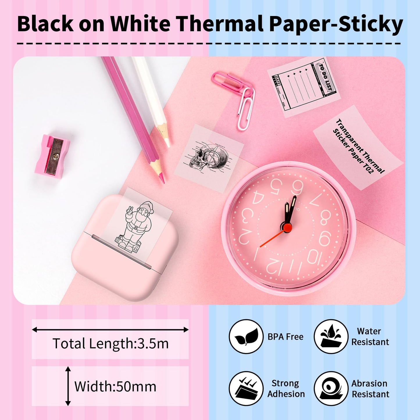 T02 Transparent Thermal Paper,T02/M02X/M02L Sticker Paper,Adhesive Thermal Printer Paper,for Phomemo T02 Mini Printer,Memoking T02 Mini Printer,Transparent on White,Adhesive,53mm x 3.5m,3 Rolls