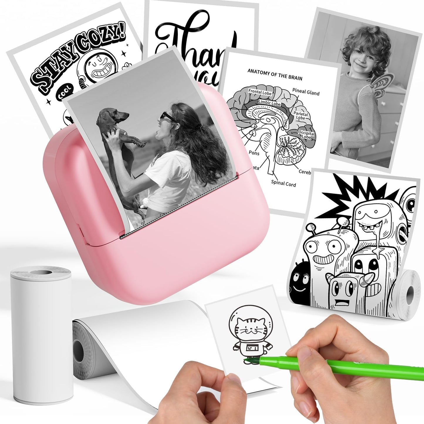 Mini Stampante Fotografica, Mini Stampante Termica,Stampante Fotografica Istantanea Portatile, Mini Stampante Termica Bluetooth, Ricarica USB Stampante per Fotografica, Note, Elenco, Memo - Rosa