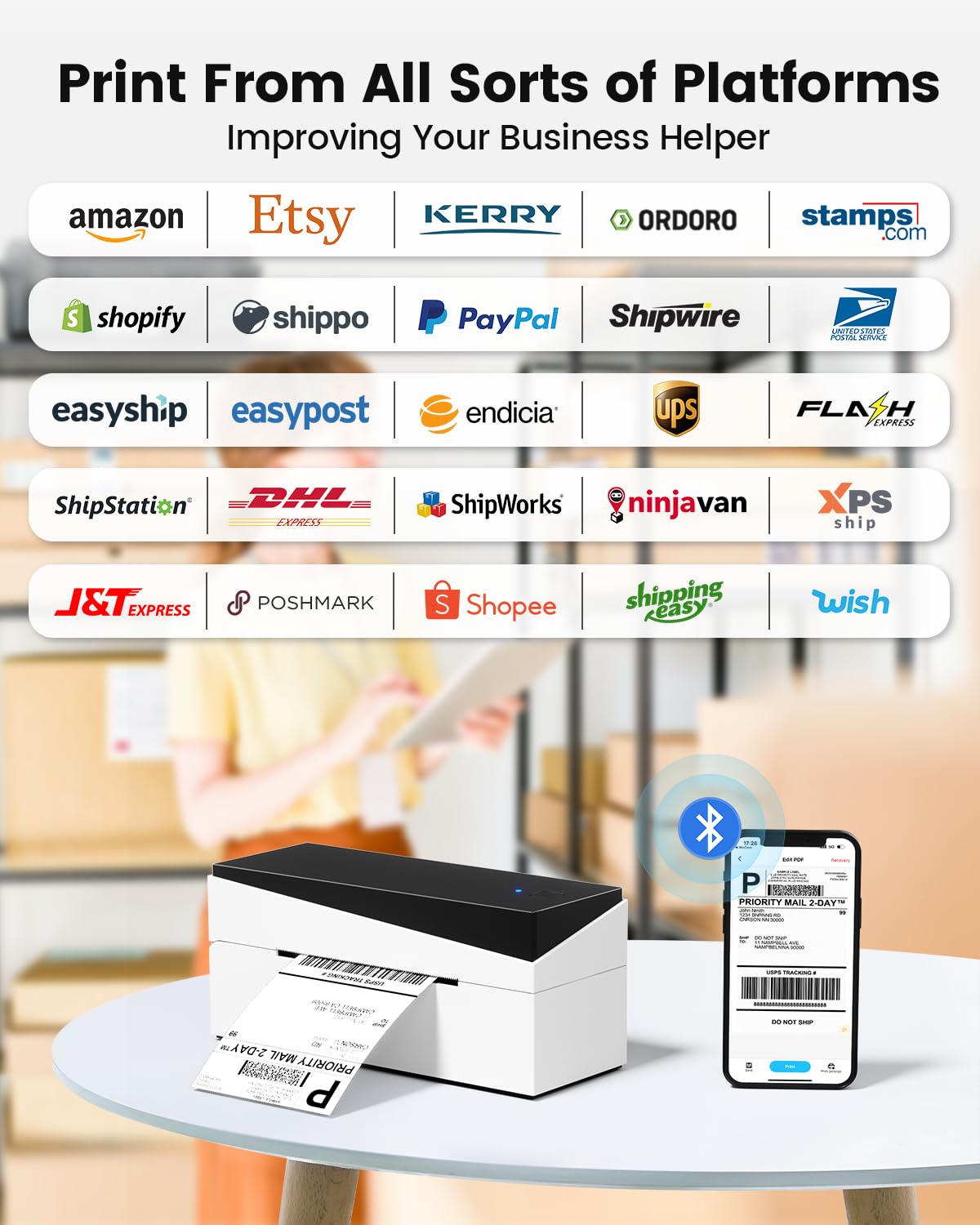 Thermal Label Printer, Bluetooth Shipping Label Printer 4x6, Address Label Printer, Desktop Label Printer Machine for Shipping Packages, Compatible with Amazon, Ebay, Shopify, Royal Mail, FedEx, DHL