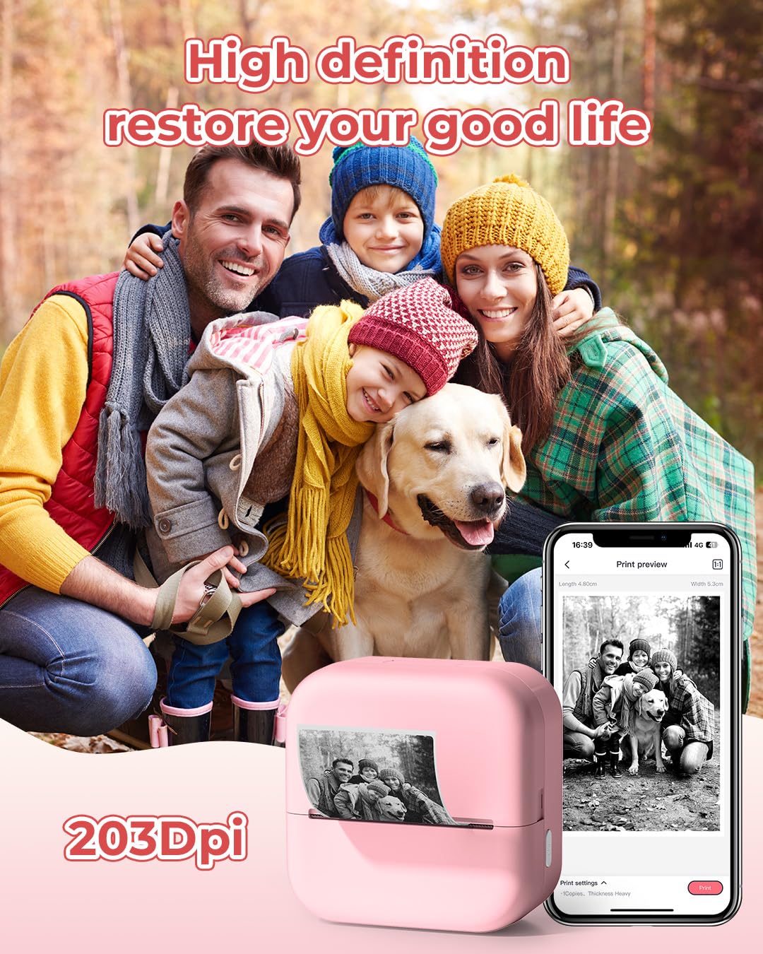 Mini Sticker Printer, Mini Printer, Mini Photo Printer, M02L Photo Printer Bluetooth, Portable Pocket Printer 203DPI for Phone & Tablet, Photos, Lists, Memo, QR Codes, Notes,Pink