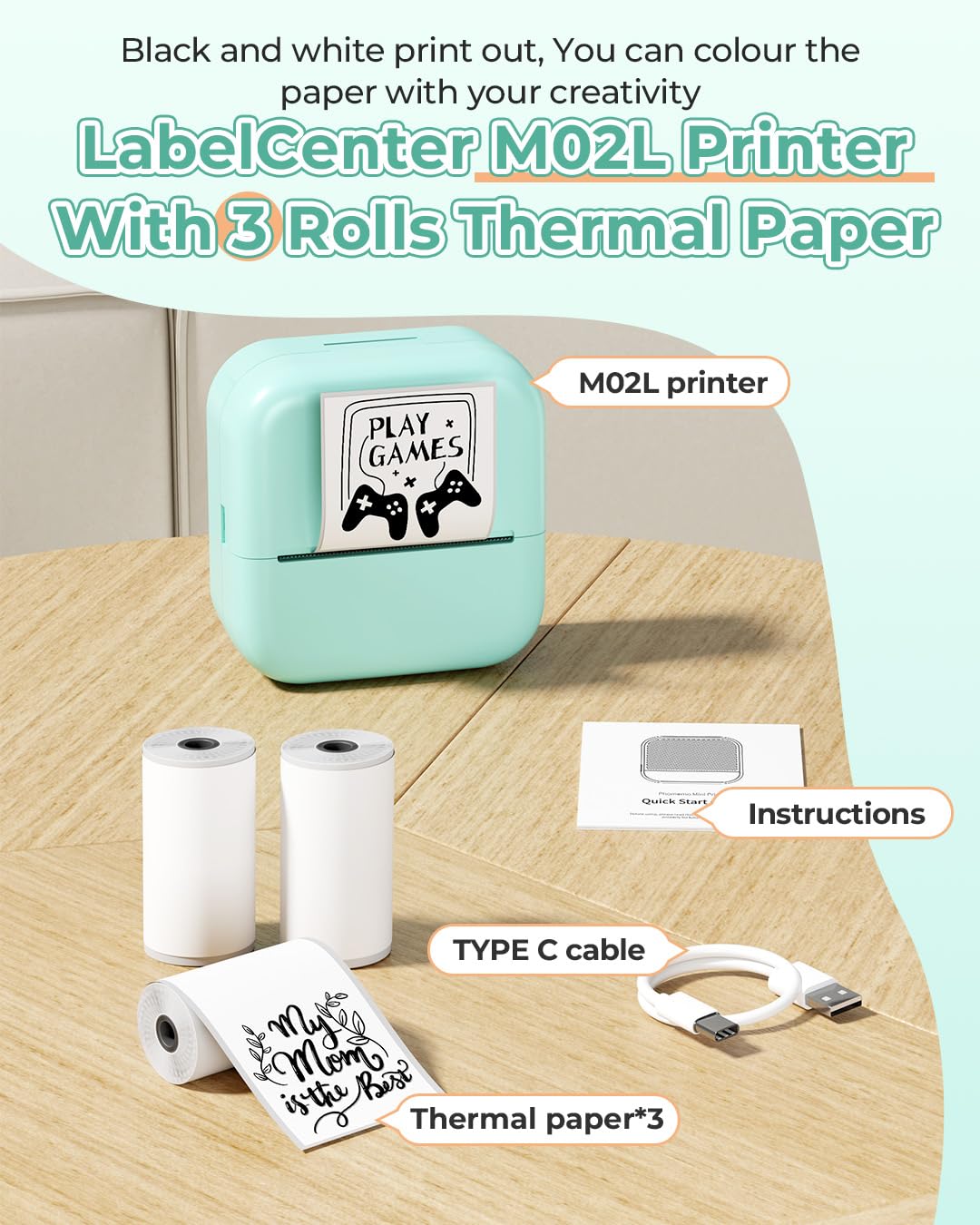 LabelCenter Mini Drucker M02L,Sticker drucker, Mini drucker für Smartphone, Sticker Drucker, Mini Fotodrucker,Sticker Drucker Mini Printer für Fotos, Notizen, Memo, mit 3 Rollen Papier, Grün