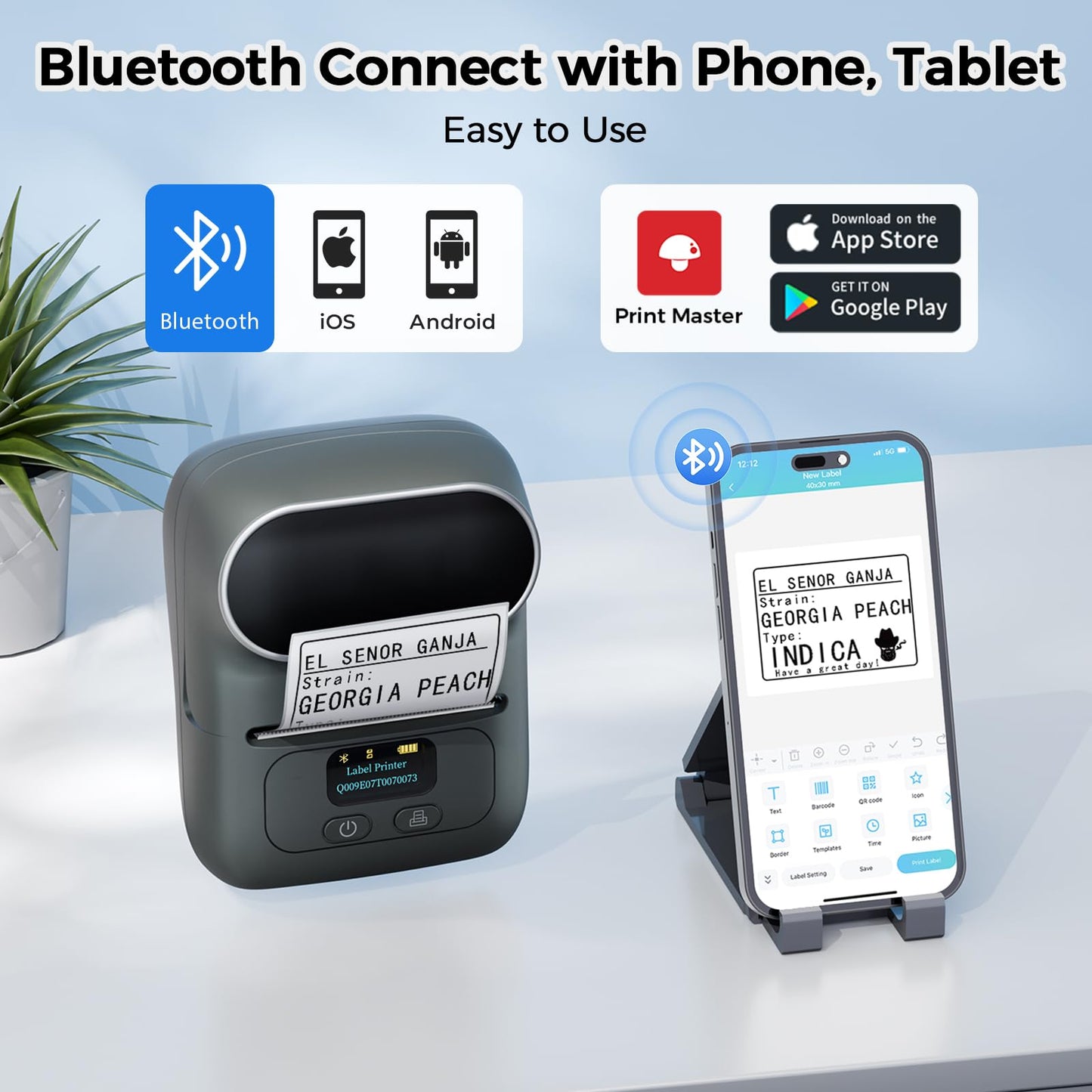 LabelCenter M110 Étiqueteuse, Imprimante d'étiquettes Bluetooth, Thermique Étiqueteuse, Convient pour la Maison, Le Bureau, Les Codes-Barres, Les Petites Entreprises, Compatible avec Android&iOS