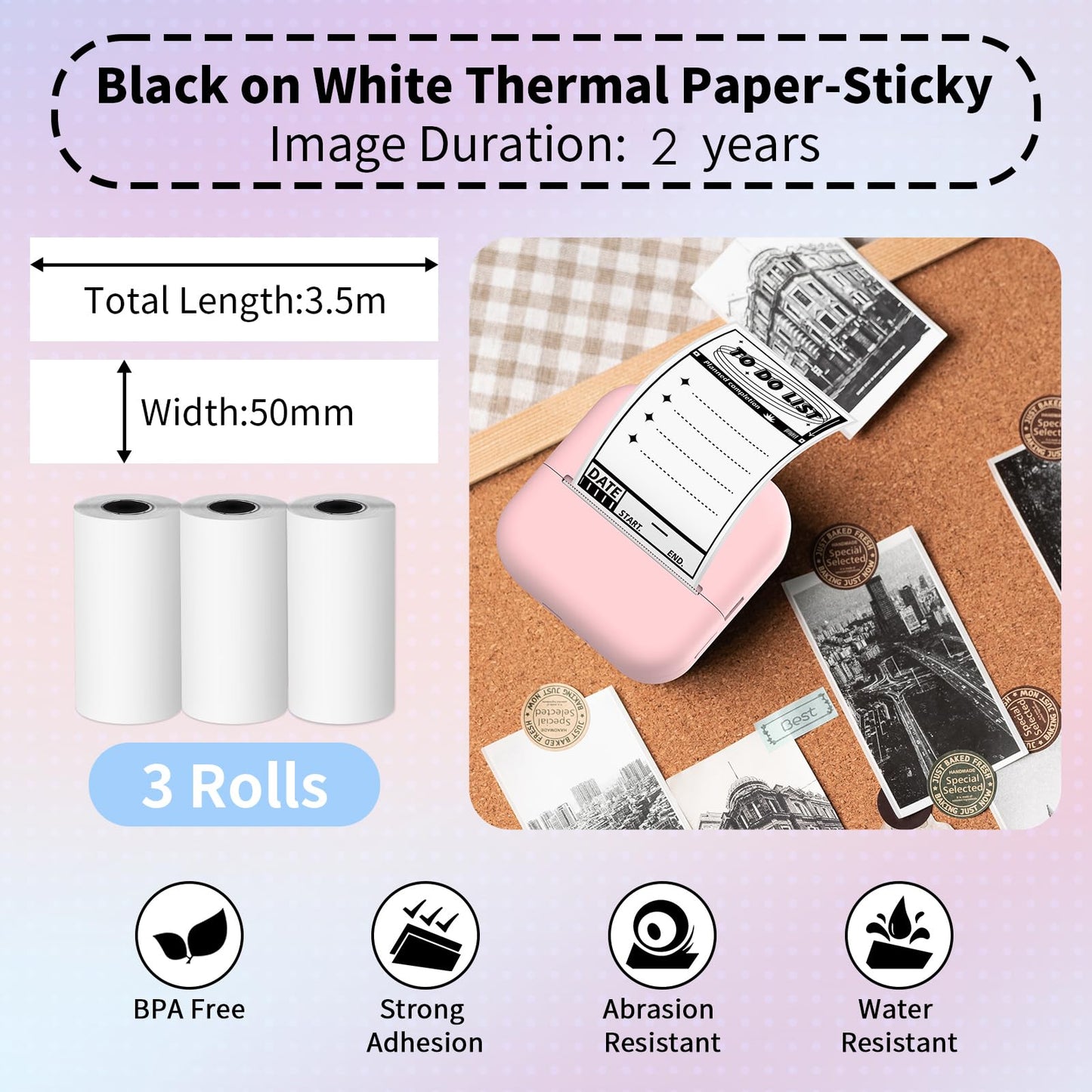 T02 Thermal Paper,T02/M02X/M02L Sticker Paper,Adhesive Thermal Printer Paper,2 Years Preservation,for Phomemo T02 Mini Printer,Memoking T02 Mini Printer,Black on White,Adhesive,53mm x 3.5m,3 Rolls