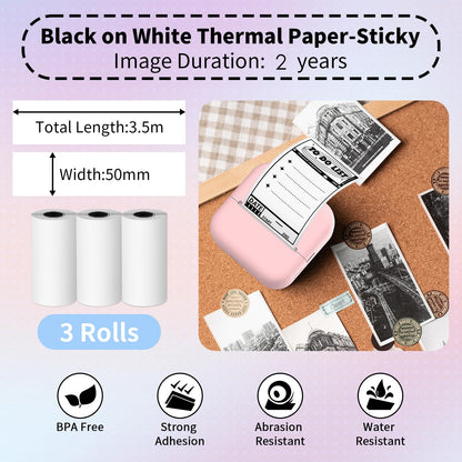 T02 Thermal Paper,T02/M02X/M02L Sticker Paper,Adhesive Thermal Printer Paper,2 Years Preservation,for Phomemo T02 Mini Printer,Memoking T02 Mini Printer,Black on White,Adhesive,53mm x 3.5m,3 Rolls